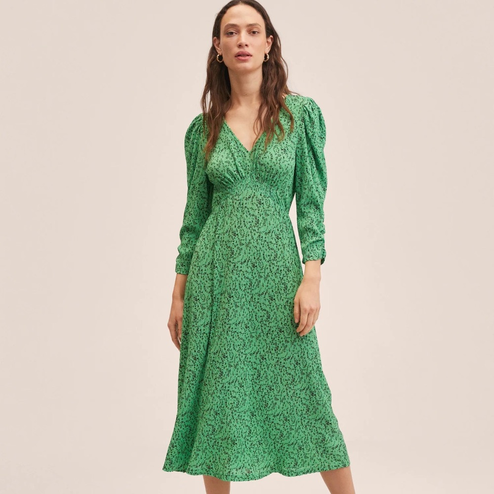 Mango Green and Black MIDI Pleated Dress NWT